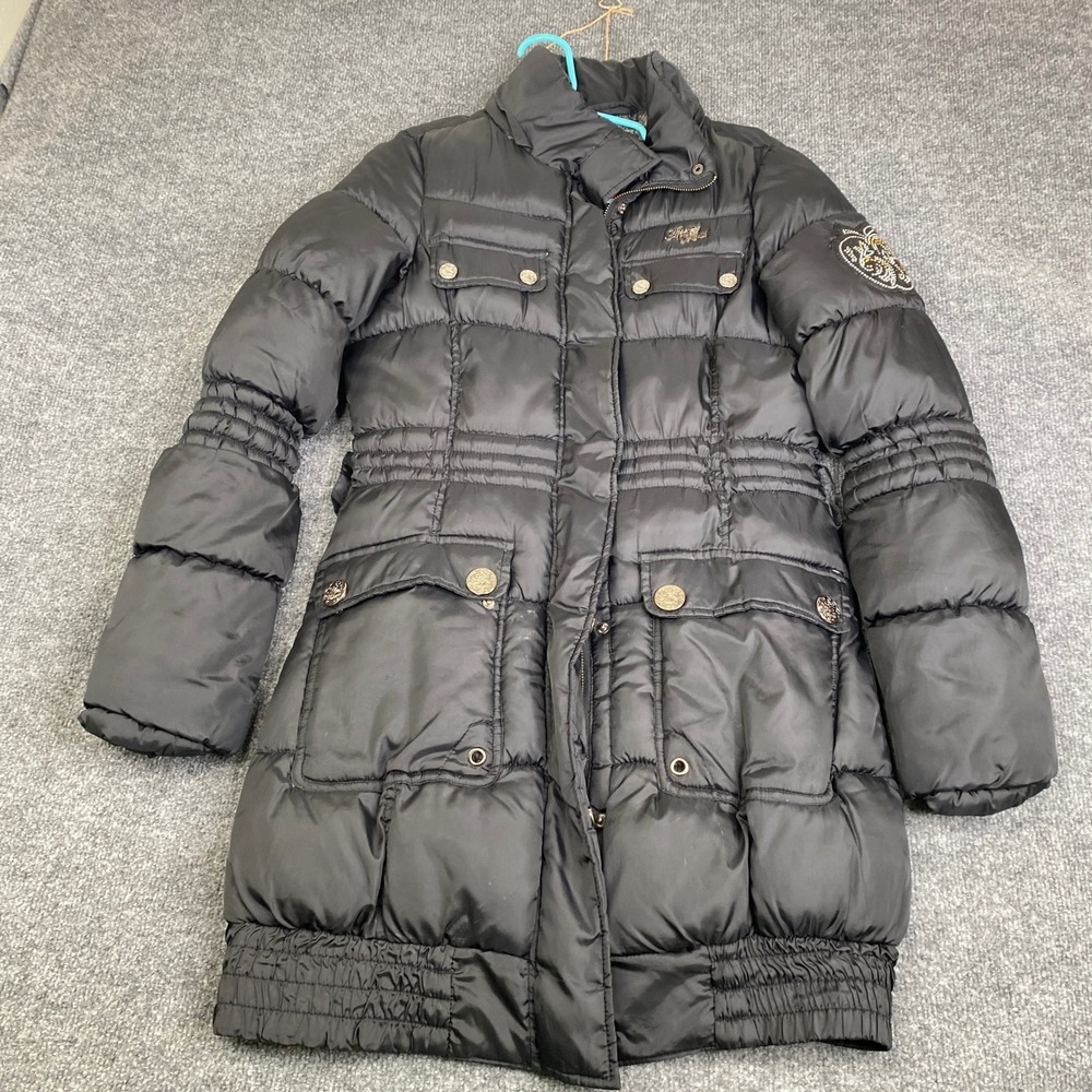 Apple Bottoms Womens Black Puffer Jacket Long Quilted Snakeskin Lining Y2K Coat